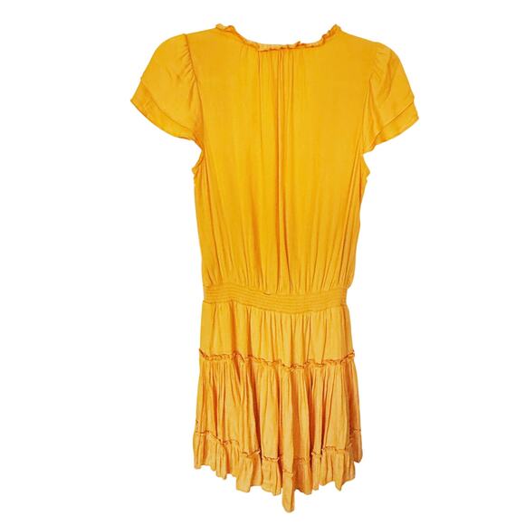 Skies Are Blue Satin Smocked Waist Ruffle Mini Dress Small Gold Cocktail Event - Picture 4 of 8